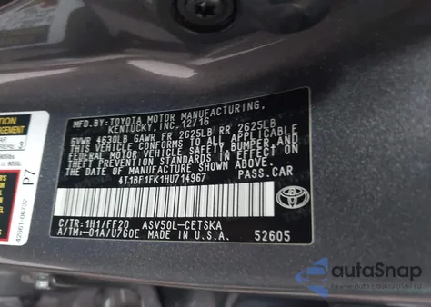 2017 Toyota Camry Se from USA, damaged, VIN 4T1BF1FK1HU714967